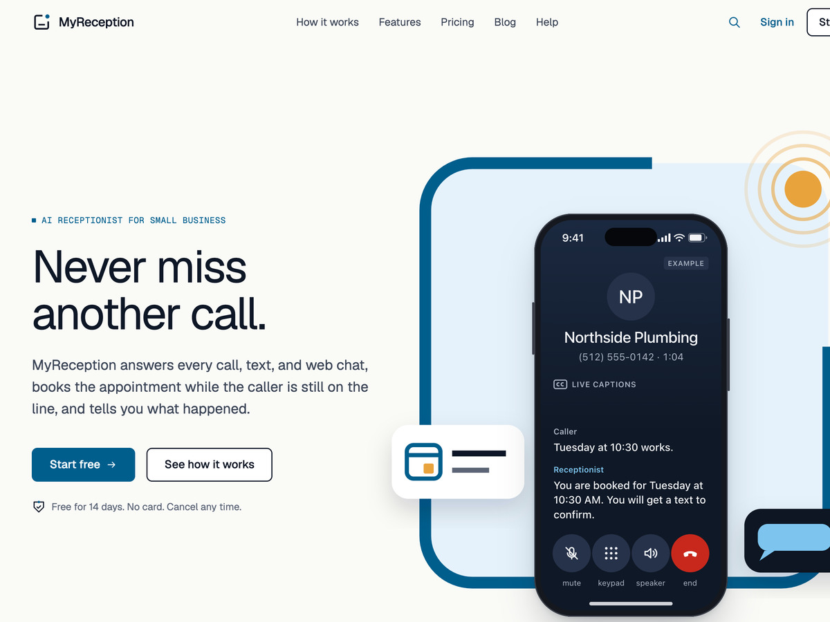 The MyReception site, showing a live call being answered and booked