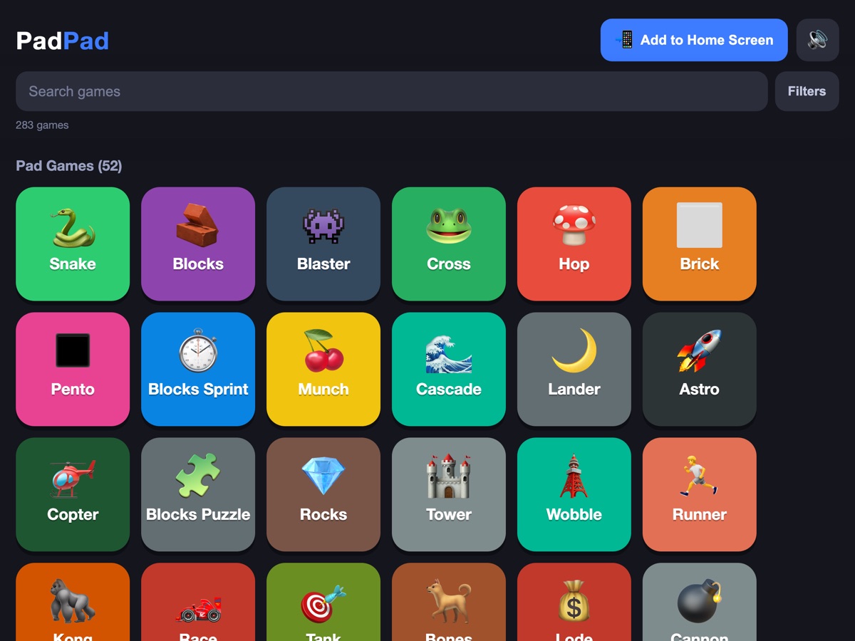 The PadPad game library, a grid of colourful game tiles