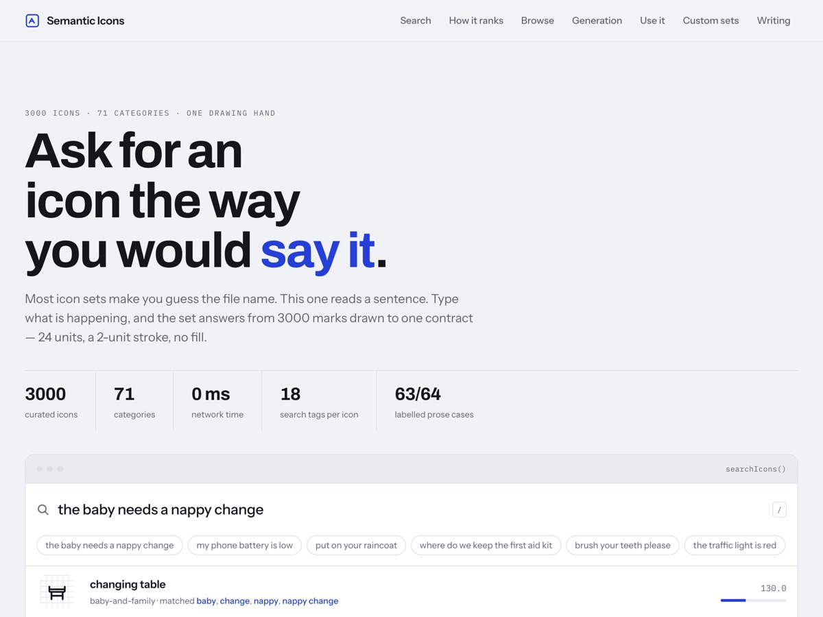 The Semantic Icons site, searching for an icon by a plain sentence