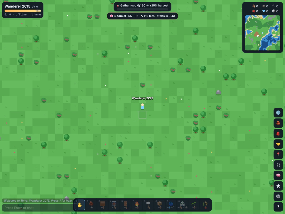 A player standing in a green world in Worlds of Teserra